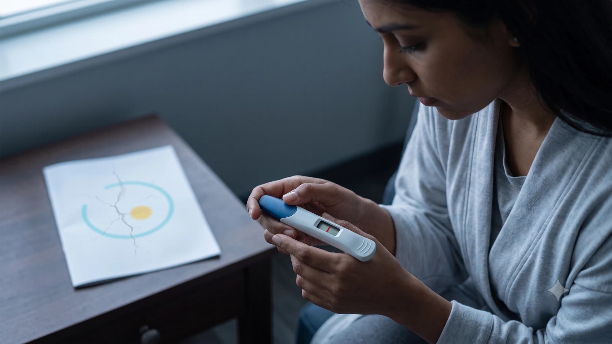 Woman holding pregnancy test with fertility diagram — Failed IVF recovery