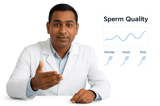 Male fertility specialist explaining a Sperm Quality assessment chart