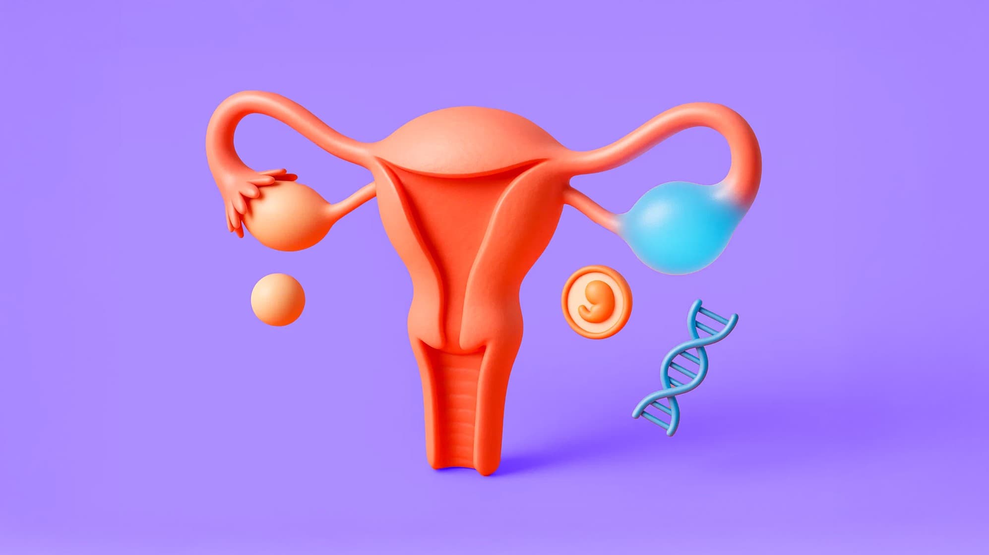 Comparison of a normal fallopian tube and a blocked fallopian tube (hydrosalpinx) in the female reproductive system. Includes icons for an egg, embryo, and DNA symbol to illustrate fertility and IVF health.