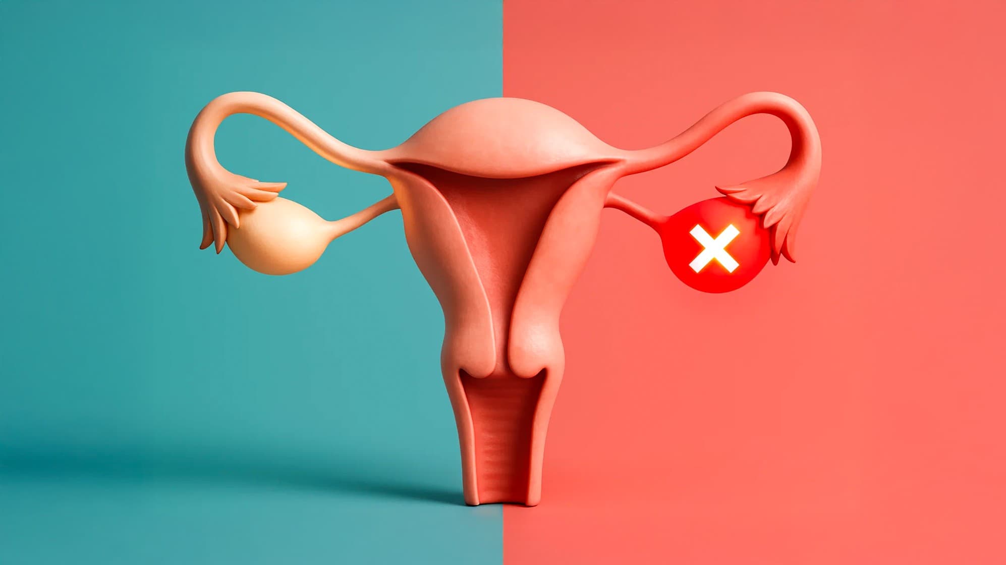 Illustration of the uterus with one healthy fallopian tube and one blocked tube marked with a cross, representing tubal blockage and infertility