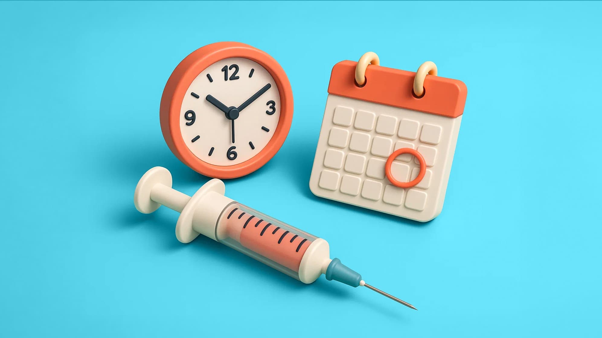Illustration of a syringe, clock, and calendar highlighting the precise timing and scheduling of the IVF trigger injection