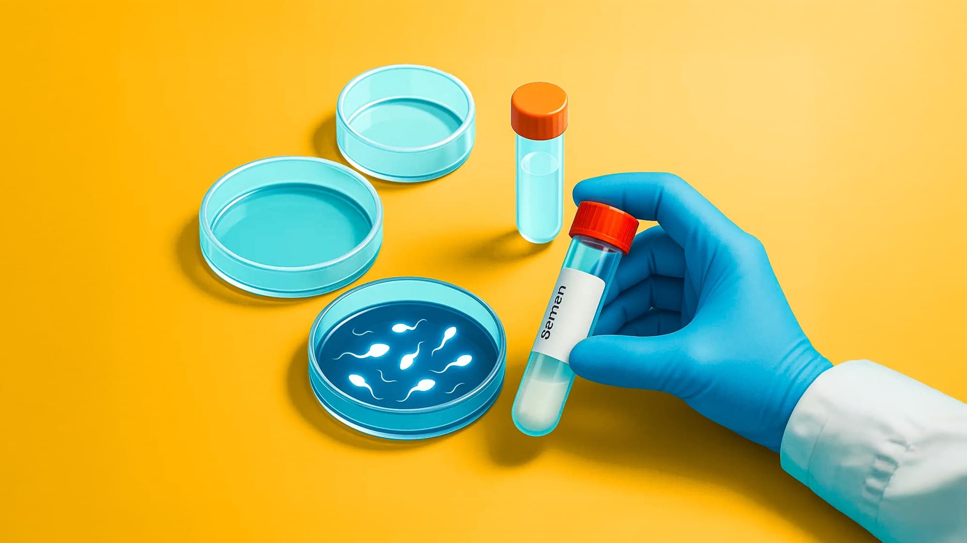 Illustration of a lab technician holding a semen sample with petri dishes showing sperm, representing testing and diagnosis of azoospermia in male infertility