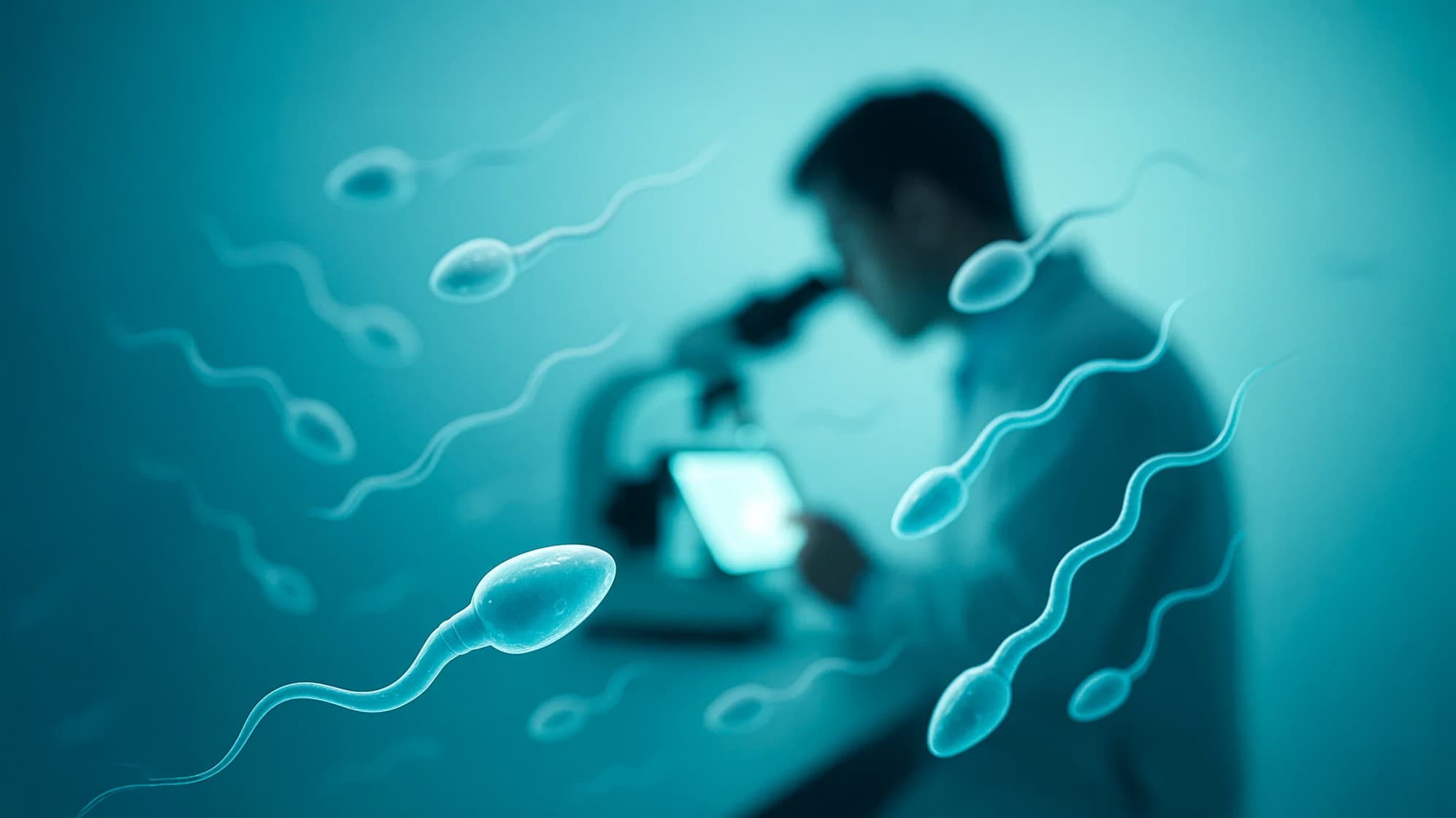 Microscopic view of sperm cells with a doctor reviewing results, representing sperm count testing and male fertility assessment.