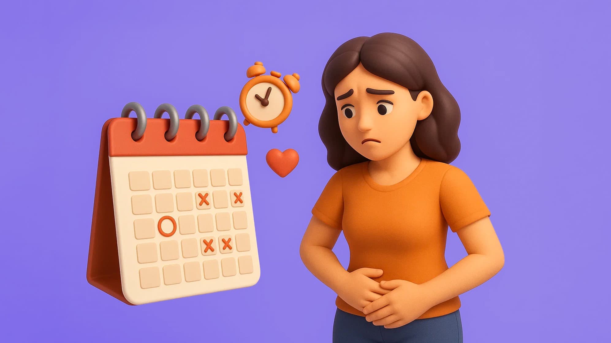 Woman experiencing abdominal discomfort with calendar and clock icons representing irregular menstrual cycles and missed periods.