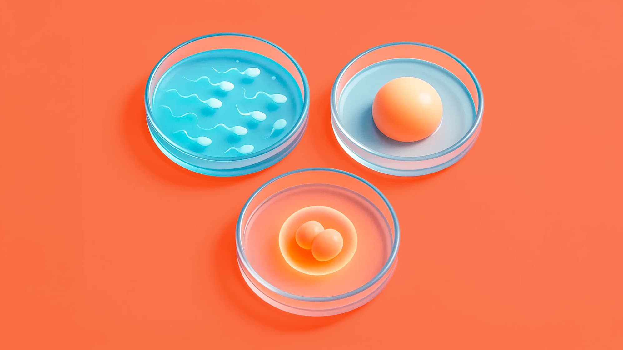 Petri dishes showing sperm cells, an egg, and developing embryo illustrating in vitro fertilization IVF process and laboratory fertilization stages