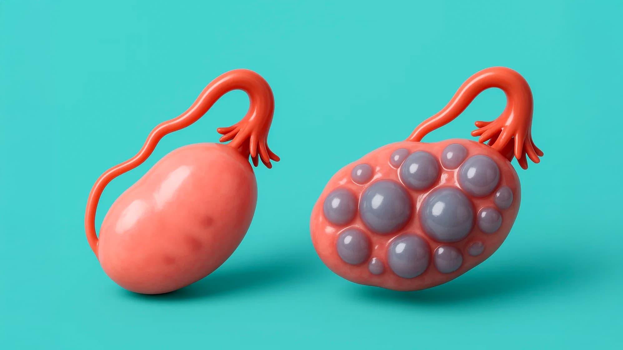3D medical illustration showing normal ovary and ovary with multiple ovarian cysts highlighting fluid-filled sacs and polycystic appearance affecting female reproductive health