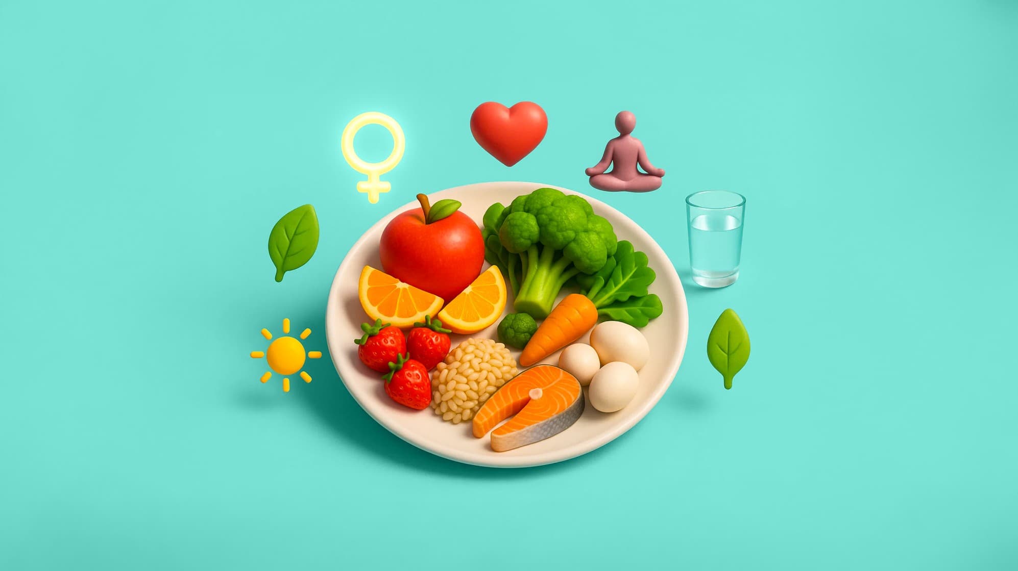 Balanced plate illustration with fruits, vegetables, whole grains, eggs, and fish surrounded by fertility and healthy lifestyle icons including heart, yoga pose, female symbol, sun, and water glass