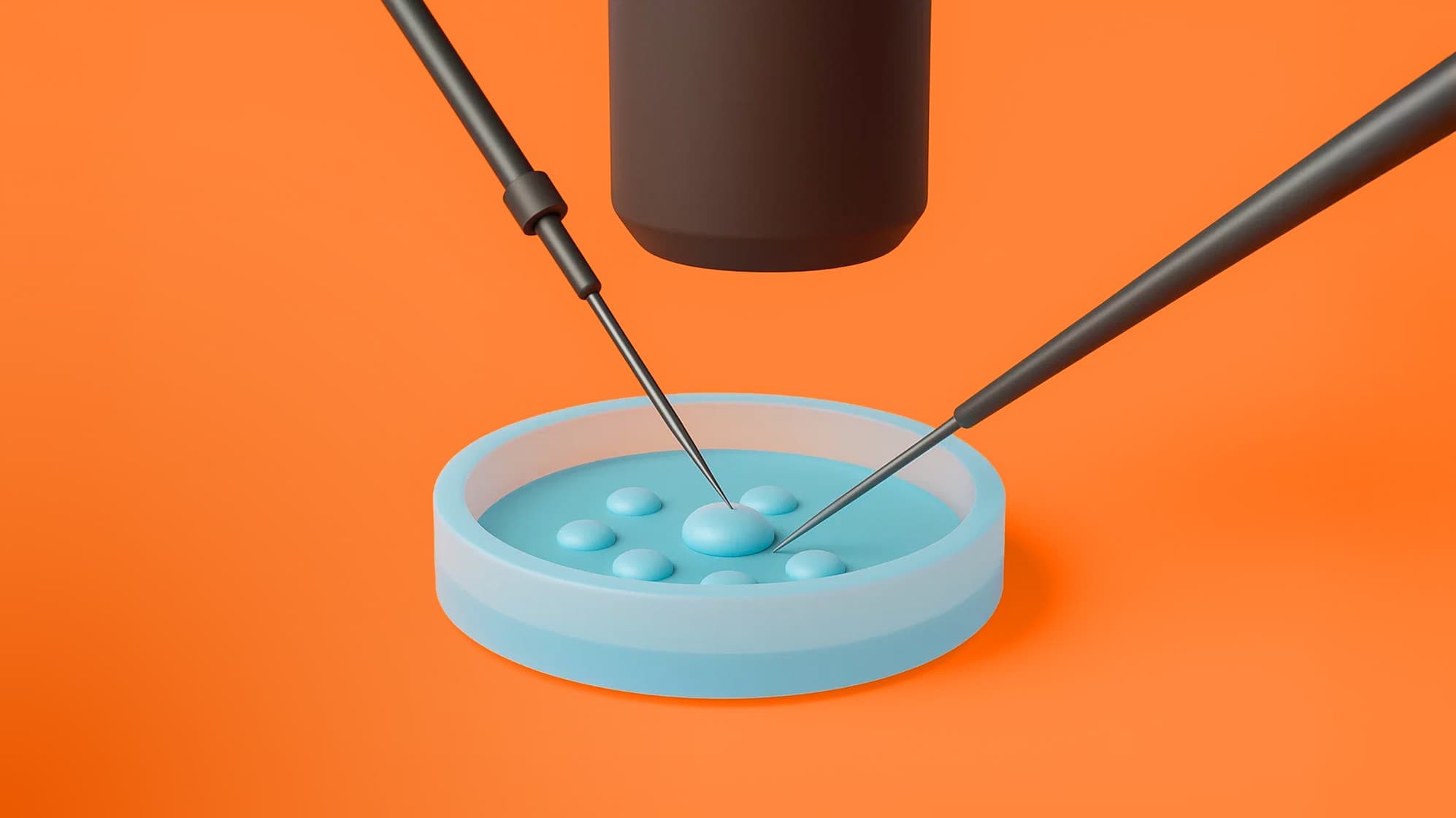Laboratory illustration showing egg handling during IVF, with medical instruments preparing donor eggs for fertilization in an egg donation procedure