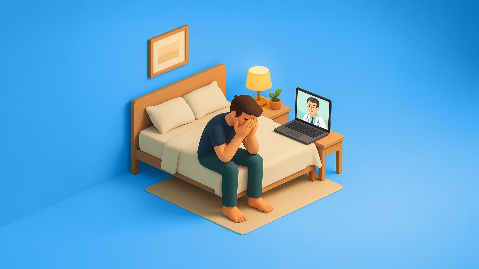 Man sitting stressed on bed with hands covering face while consulting a doctor on laptop through online video call for ejaculation disorder treatment