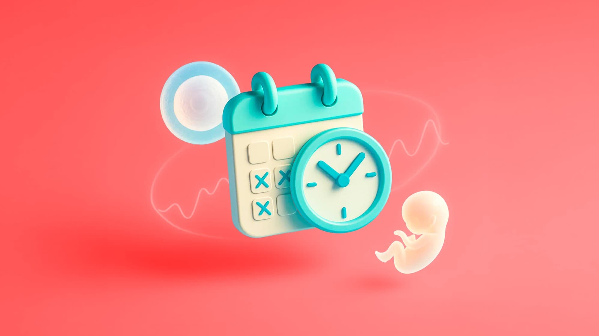 Calendar and clock icon symbolizing irregular or missed ovulation cycles alongside fertility imagery of egg and embryo representing ovulation disorders