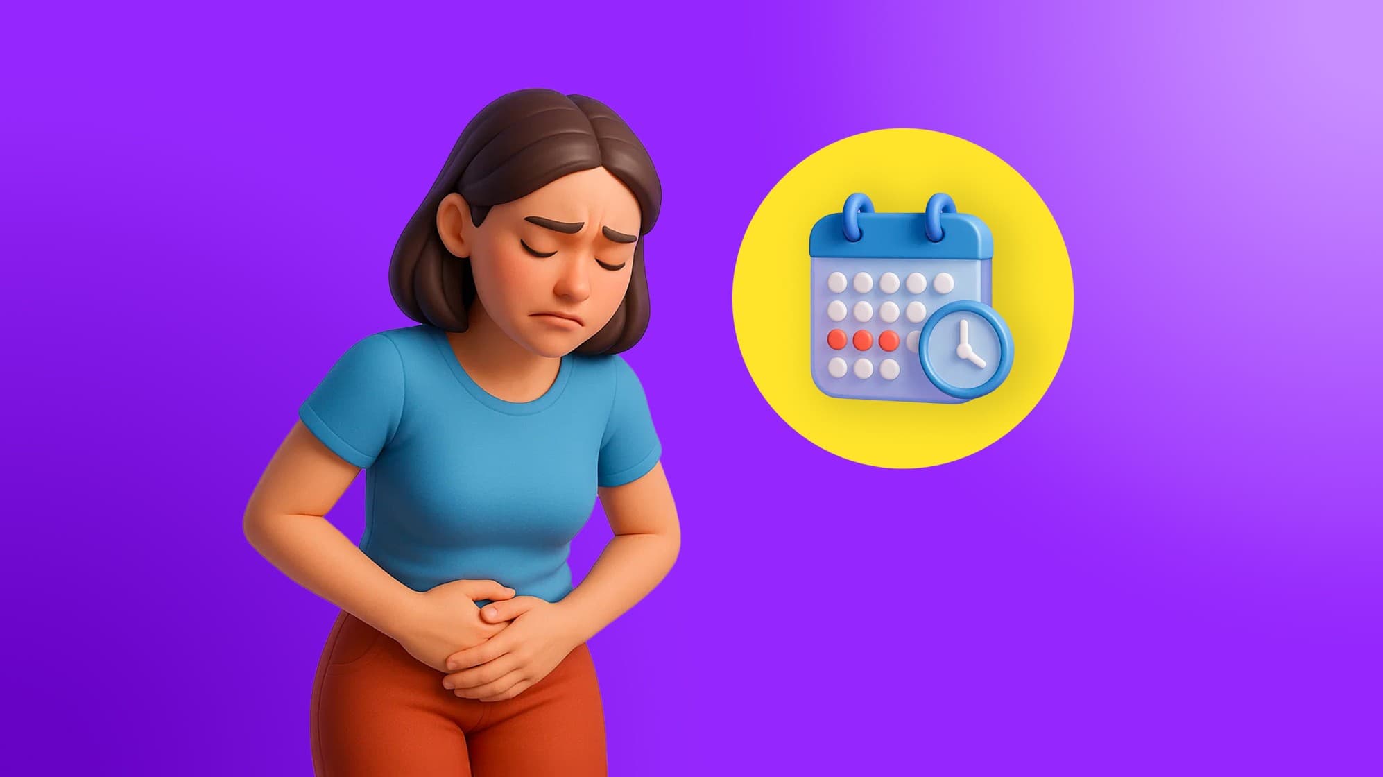 Illustration of a woman with abdominal pain and a calendar icon representing irregular periods due to PCOS