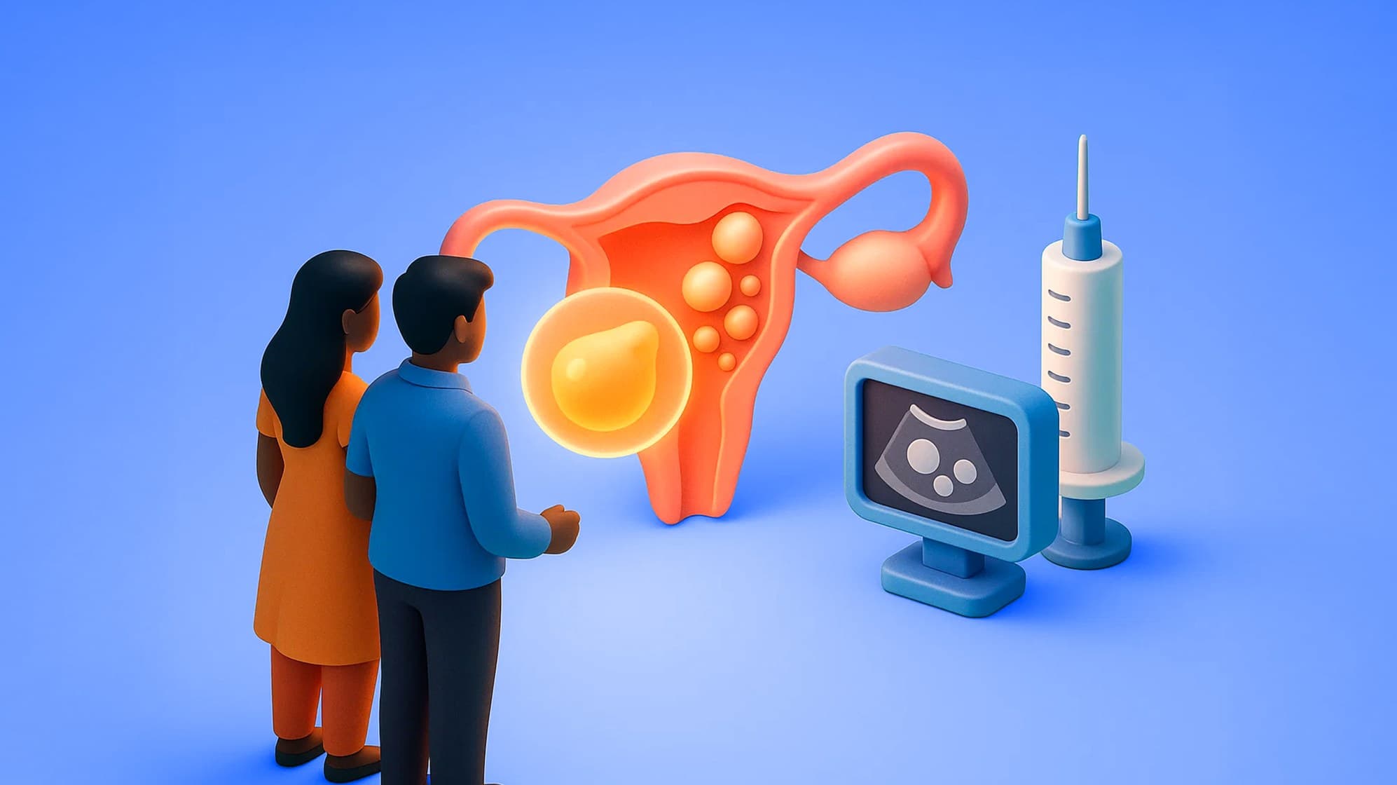 Illustration of a couple viewing an ovary with developing follicles, alongside a syringe and ultrasound screen representing ovarian stimulation in IVF
