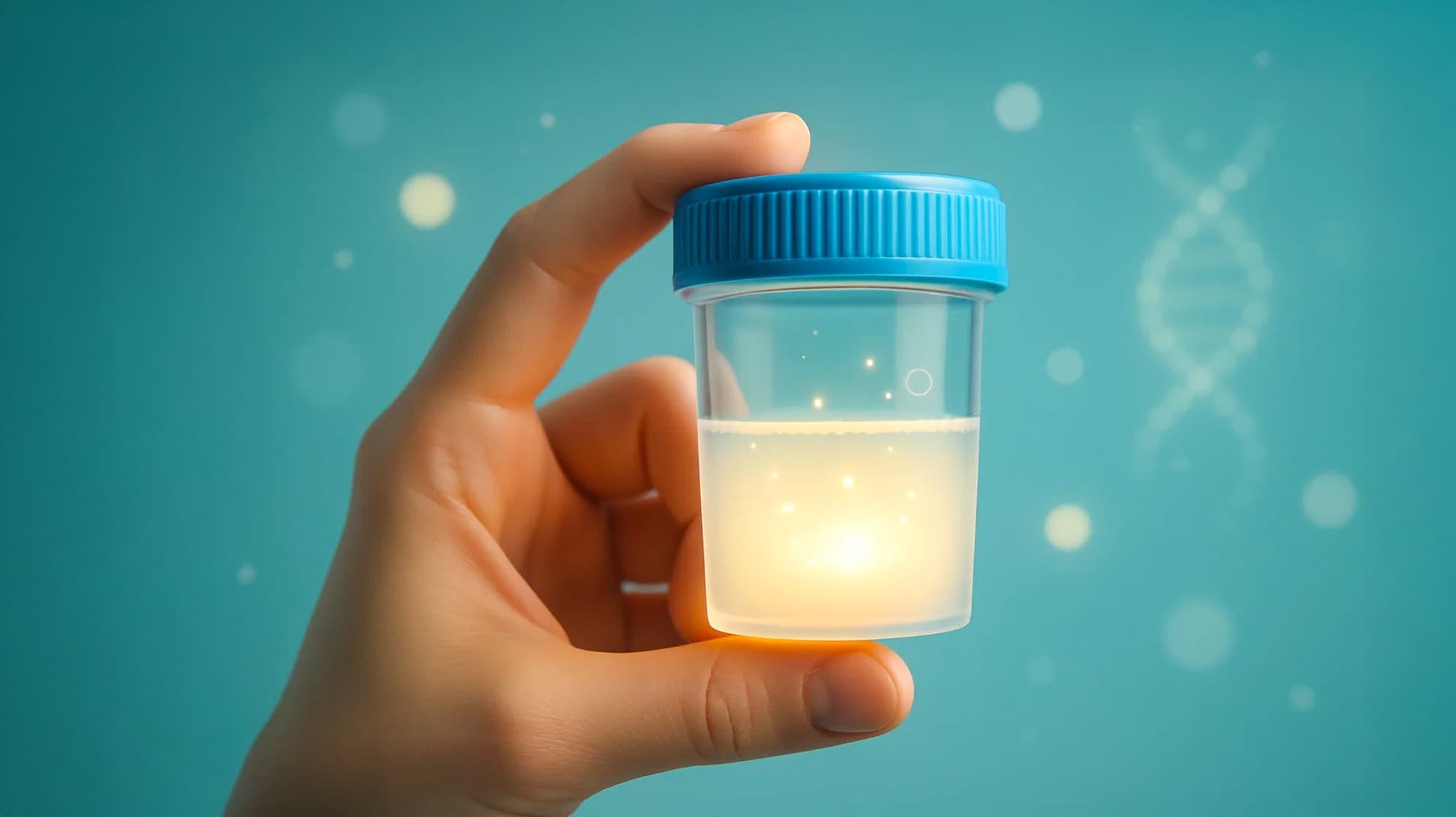 Hand holding a labeled semen sample container, representing donor sperm collection and fertility treatment process