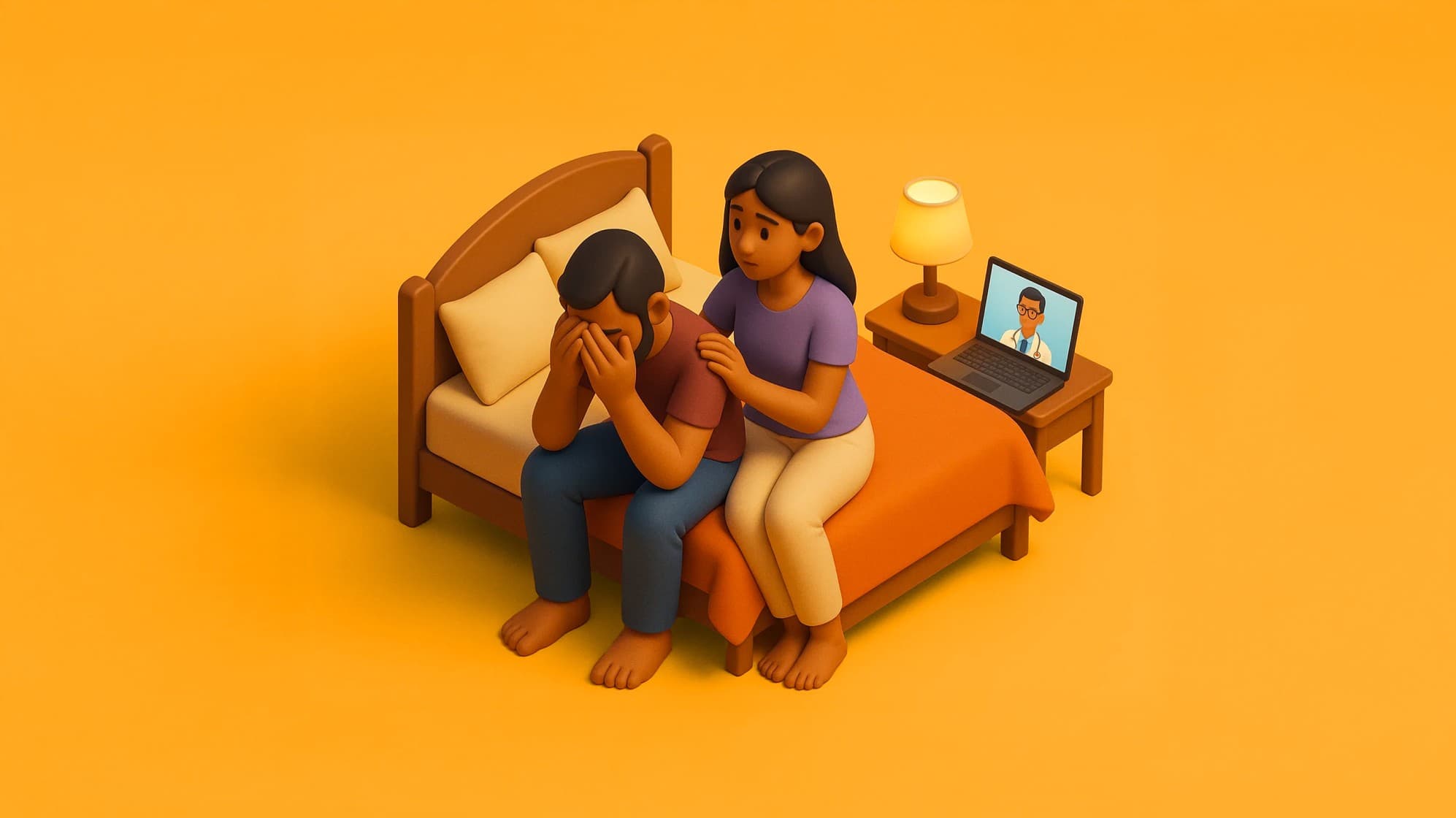 Man sitting stressed on bed with woman offering emotional support while consulting a doctor on laptop through online video call for erectile dysfunction treatment