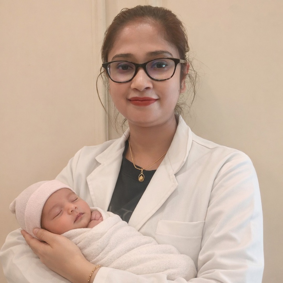 HomeIVF newborn baby with the parents and HomeIVF fertility doctor