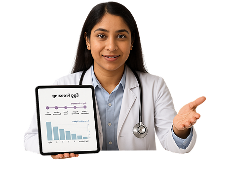 Egg freezing specialist showing an age-wise Egg Freezing chart on a tablet