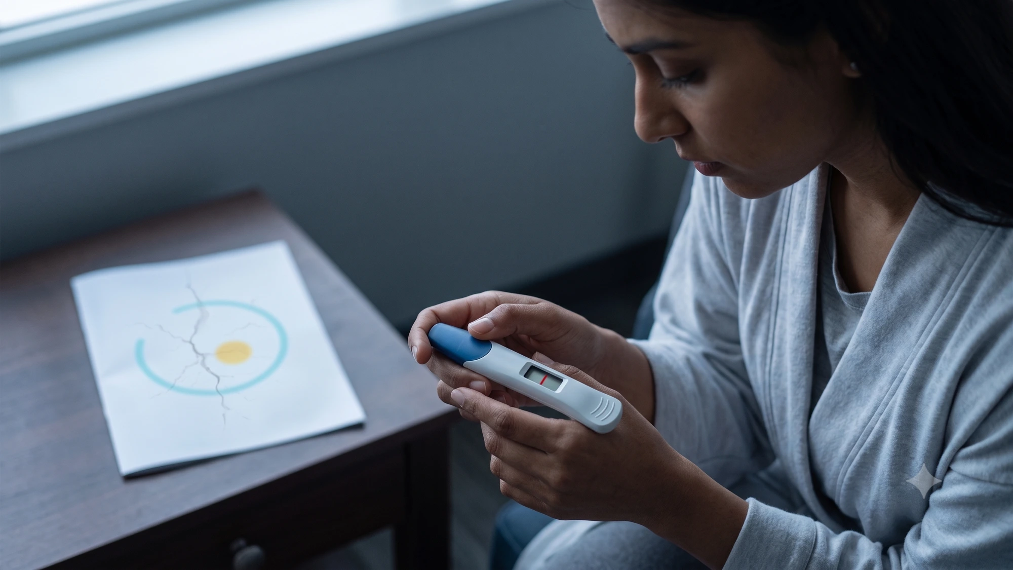 Woman holding pregnancy test with fertility diagram — Failed IVF recovery