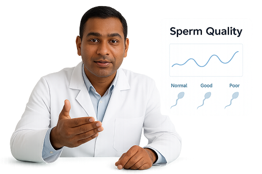 Male fertility specialist explaining a Sperm Quality assessment chart